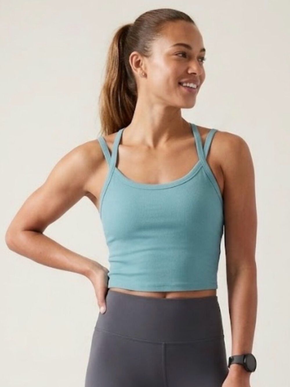 Athleta Signature Rib Wide
Binding Tank NWT Large Blue
Double Strap Crop Soft